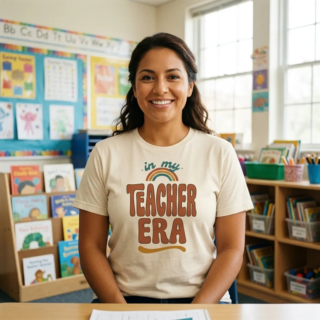 In My Teacher Era retro groovy teacher tee — teacher in a bright classroom, Natural