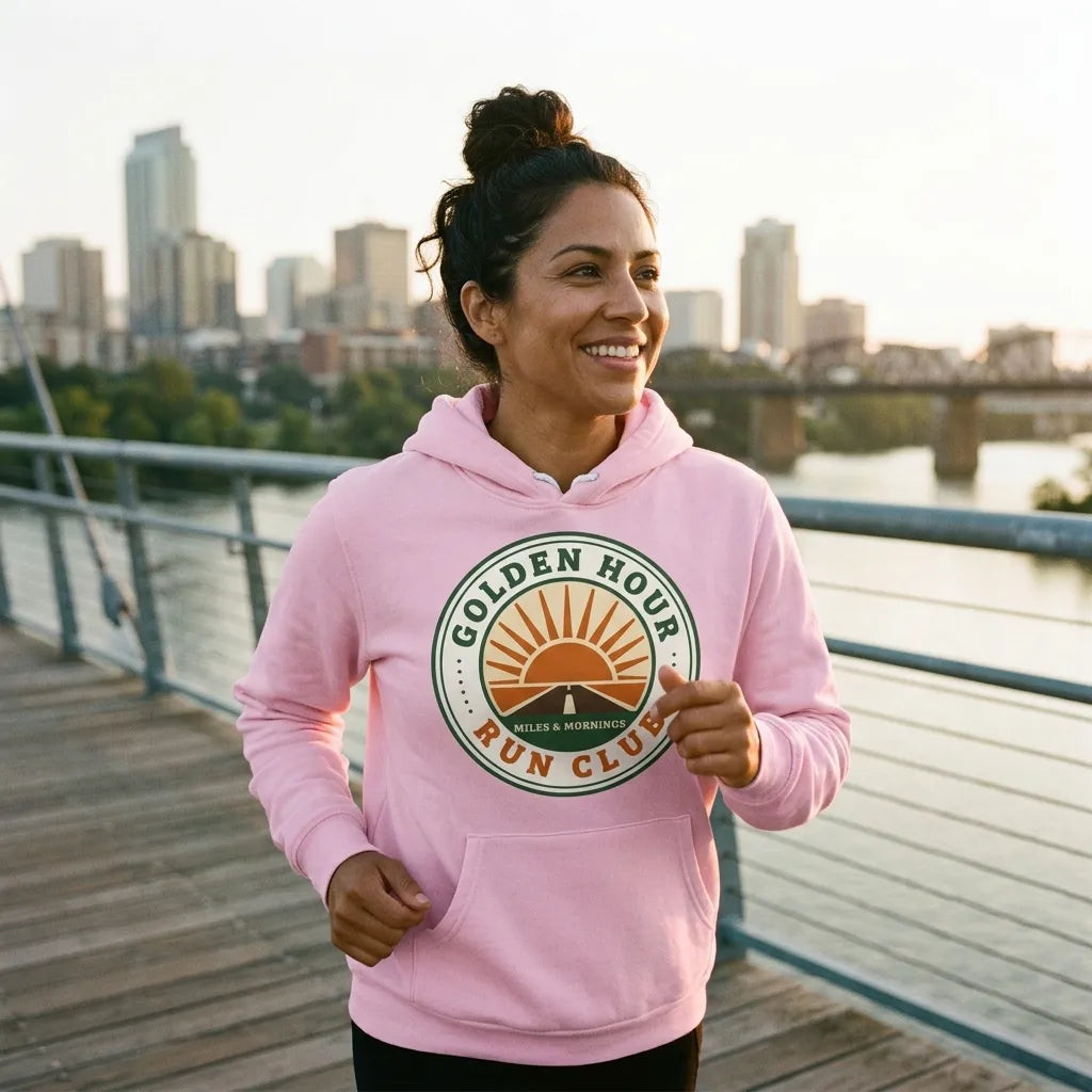 Golden Hour Run Club retro running hoodie — lifestyle