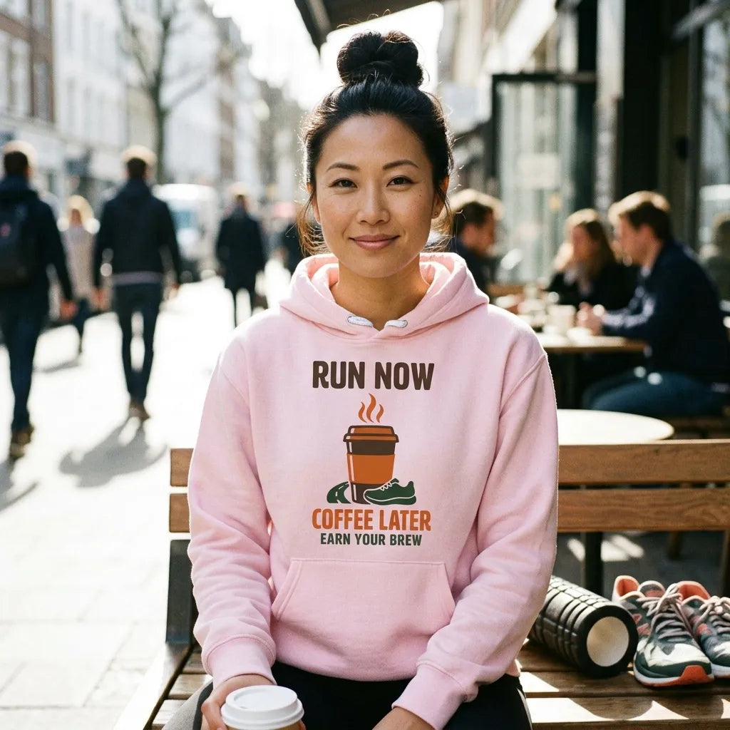 Run Now Coffee Later funny running hoodie — lifestyle