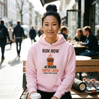 Run Now Coffee Later funny running hoodie — lifestyle