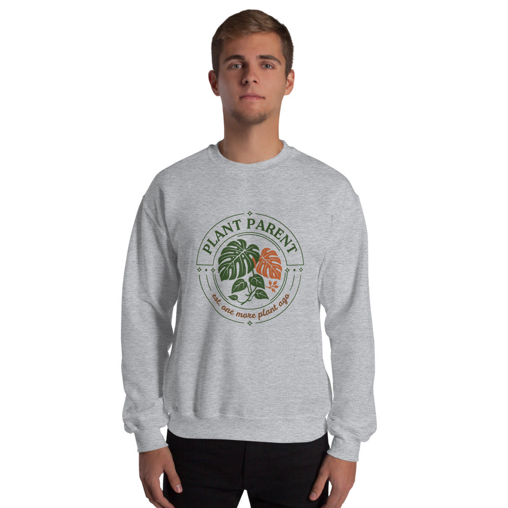 Plant Parent retro botanical badge crewneck sweatshirt — Sport Grey, worn by model