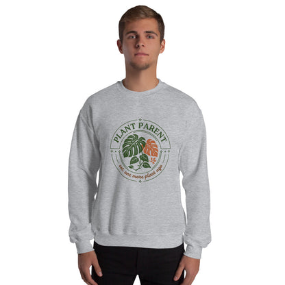 Plant Parent retro botanical badge crewneck sweatshirt — Sport Grey, worn by model