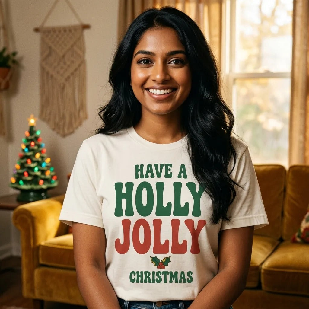 Groovy Holly Jolly retro Christmas tee — lifestyle