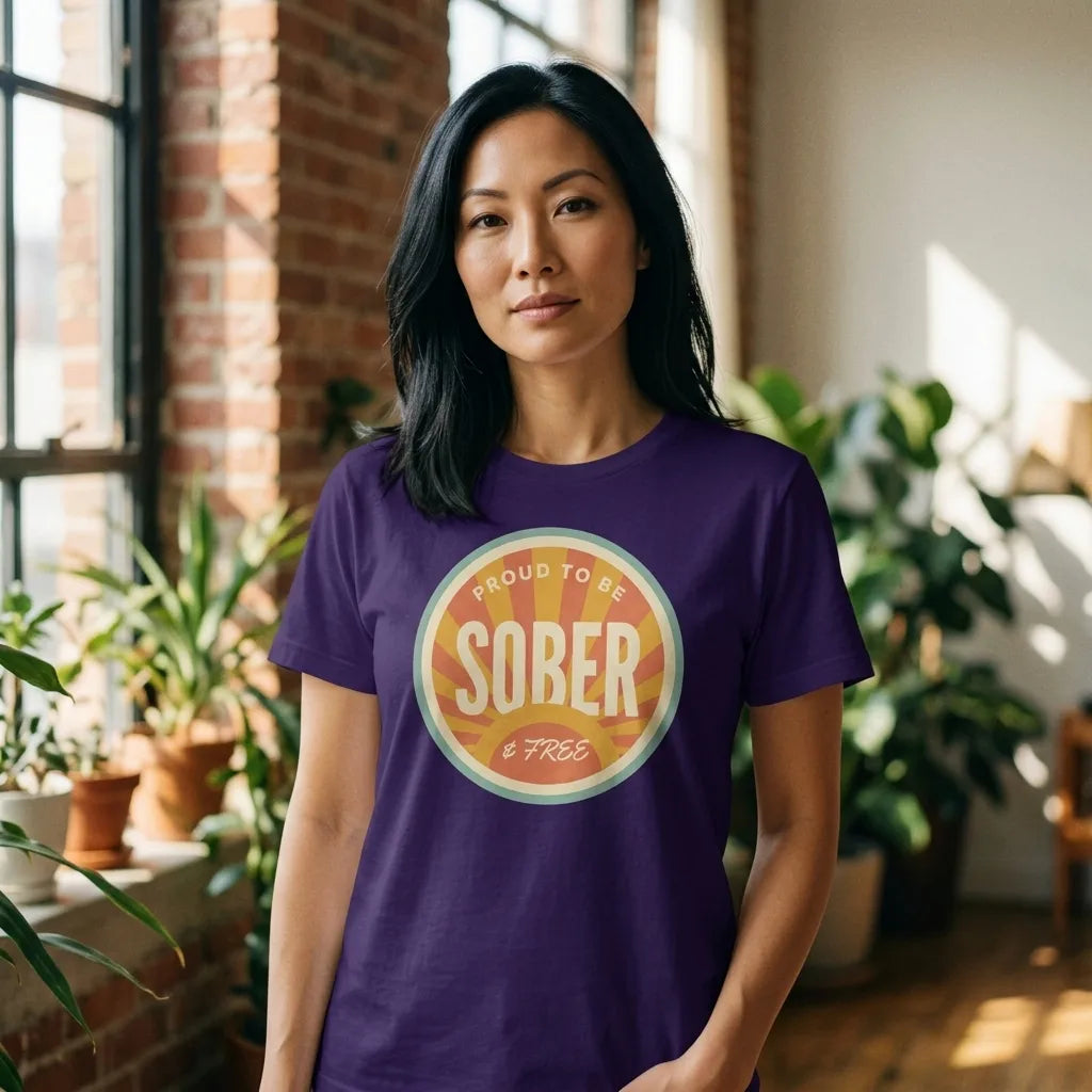 Sober & Proud retro sunburst tee — lifestyle