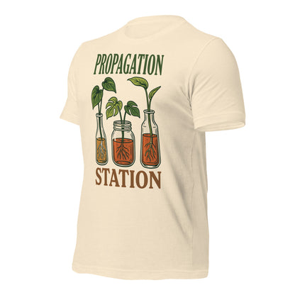 Propagation Station retro botanical plant lover tee — Heather Natural, front right