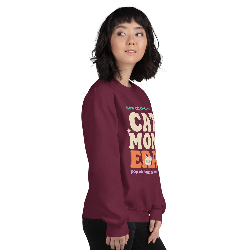 Model wearing the Cat Mom Era crewneck sweatshirt — Maroon