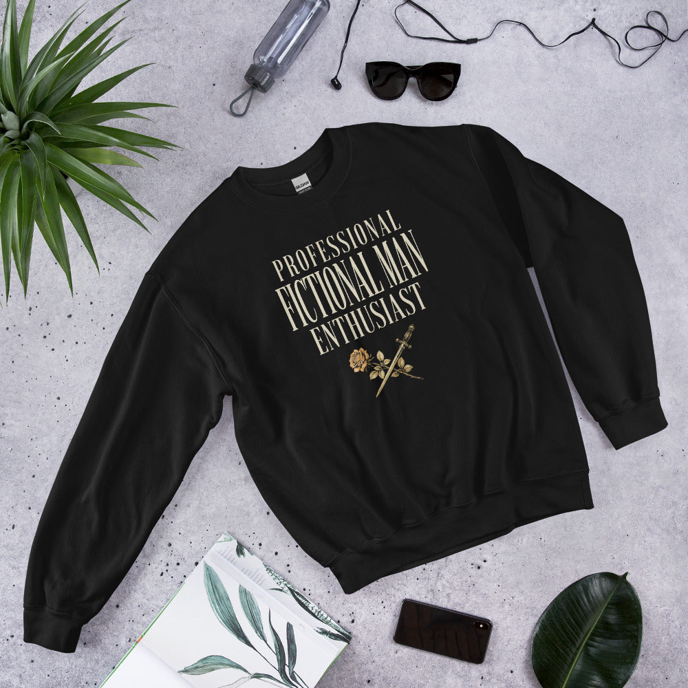 Professional Fictional Man Enthusiast book lover dark academia crewneck sweatshirt — Black, front detail