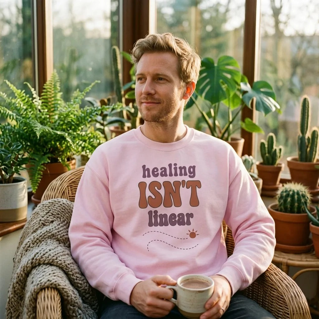 Man in a plant-filled sunroom wearing a Healing Isn't Linear soft retro mental health crewneck sweatshirt in Light Pink