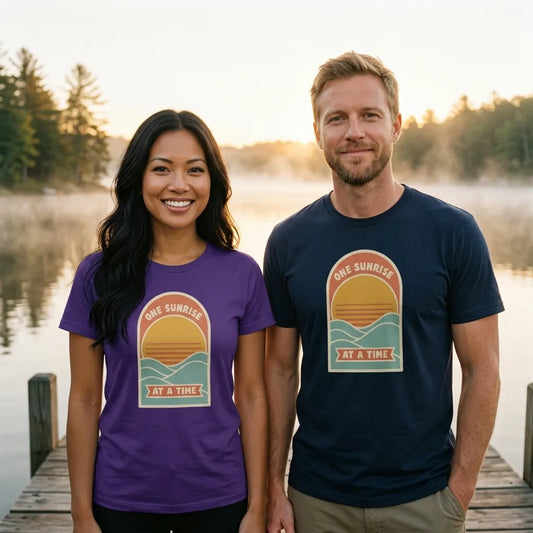 One Sunrise at a Time retro sunrise tee — lifestyle