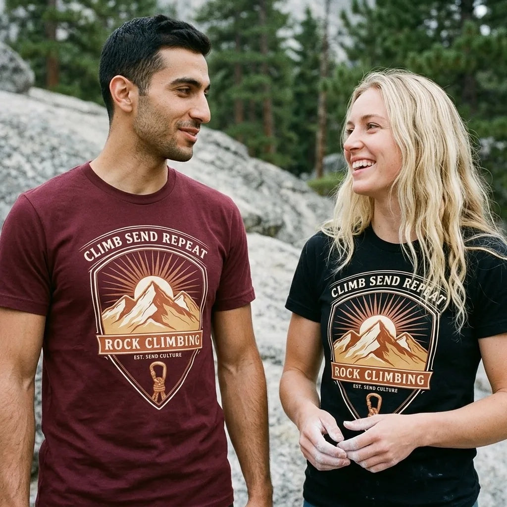 Climb Send Repeat mountaineering crest t-shirt — lifestyle