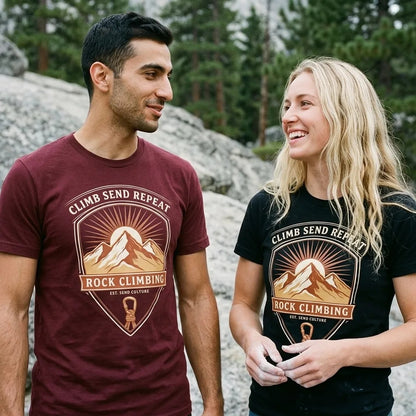 Climb Send Repeat mountaineering crest t-shirt — lifestyle