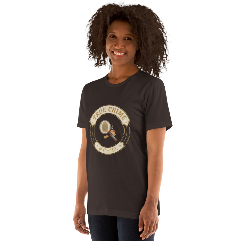 True Crime and Chill vintage case-file badge tee — Brown, on model