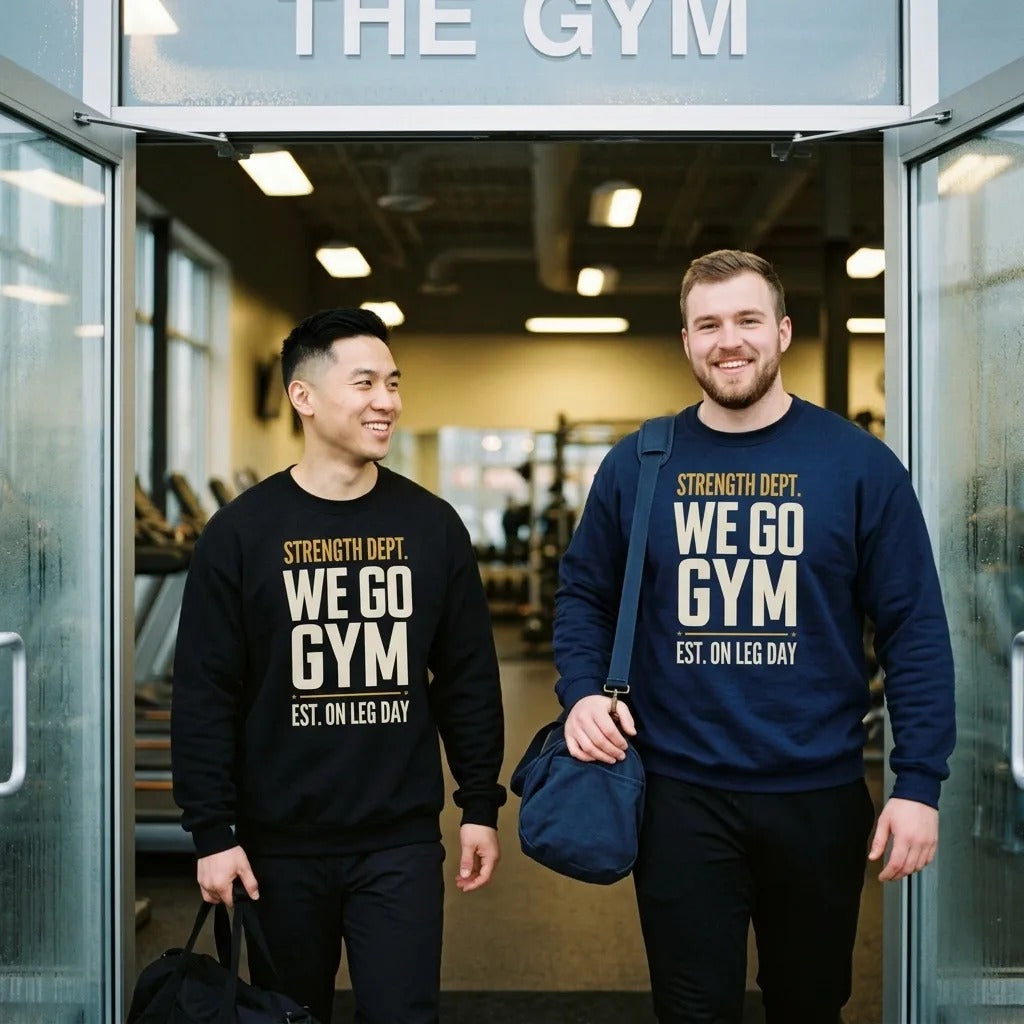 We Go Gym gym crewneck on two male lifters entering the gym — Black and Navy