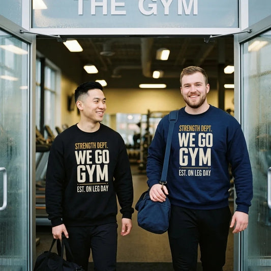 We Go Gym gym crewneck on two male lifters entering the gym — Black and Navy