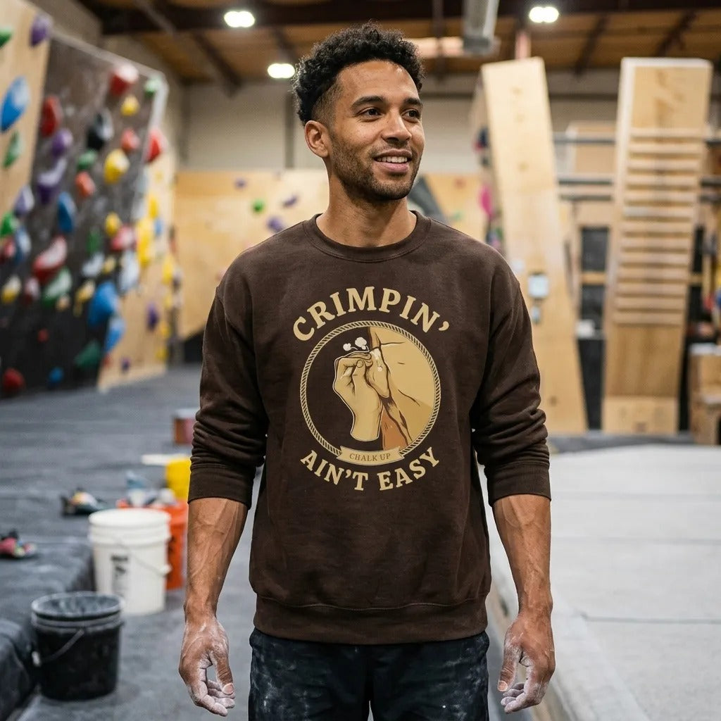 Crimpin' Ain't Easy bouldering badge crewneck sweatshirt — lifestyle