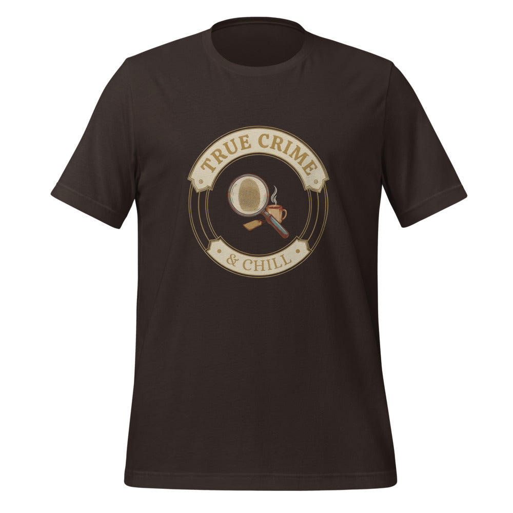True Crime and Chill vintage case-file badge tee — Brown, front