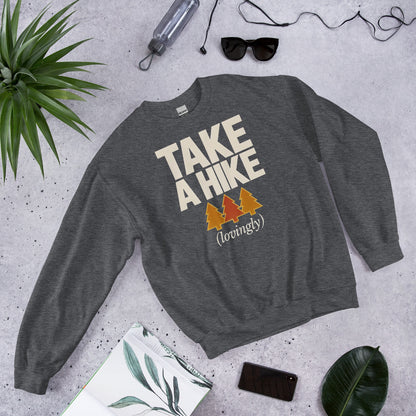 Take a Hike retro outdoors humor typography crewneck sweatshirt — Dark Heather, front view