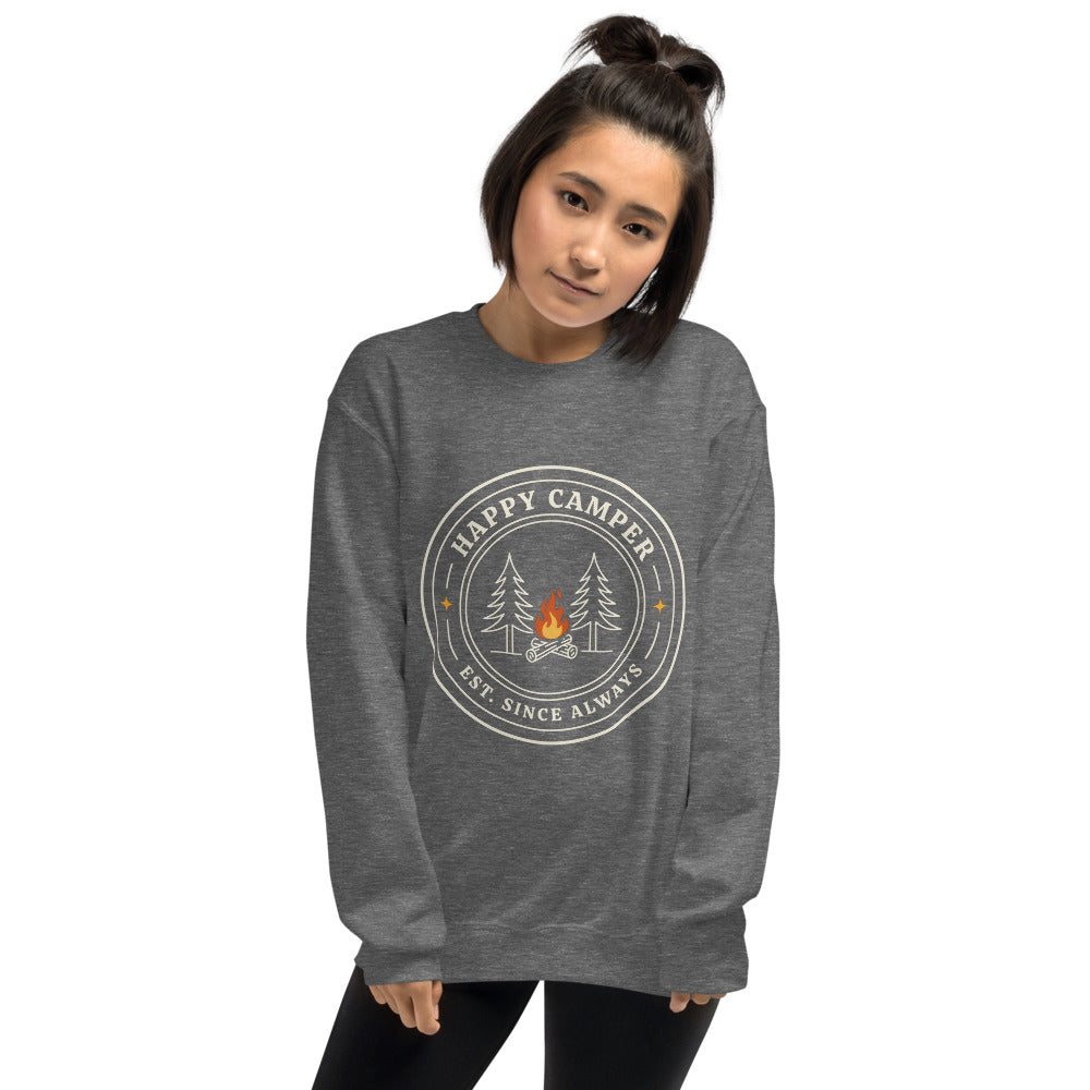 Happy Camper retro camp badge crewneck sweatshirt — Graphite Heather, on model