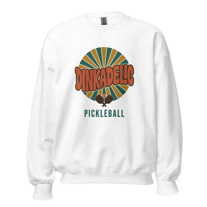 White Dinkadelic retro 70s pickleball crewneck sweatshirt ghost front