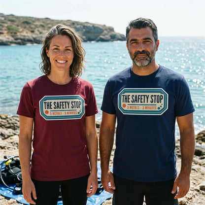 The Safety Stop vintage scuba diving travel decal t-shirt — lifestyle