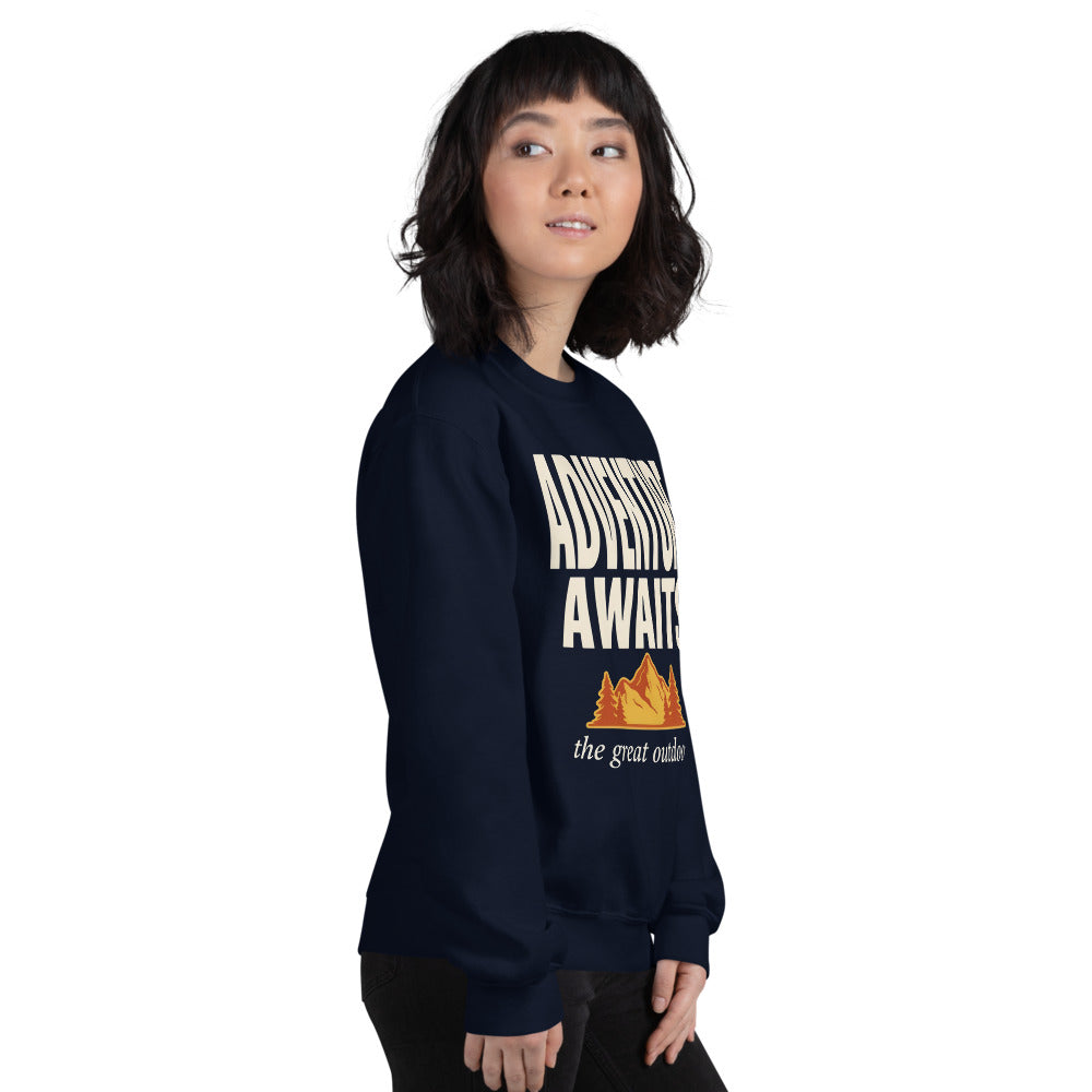 Adventure Awaits retro outdoors typography crewneck sweatshirt — Navy, worn by model