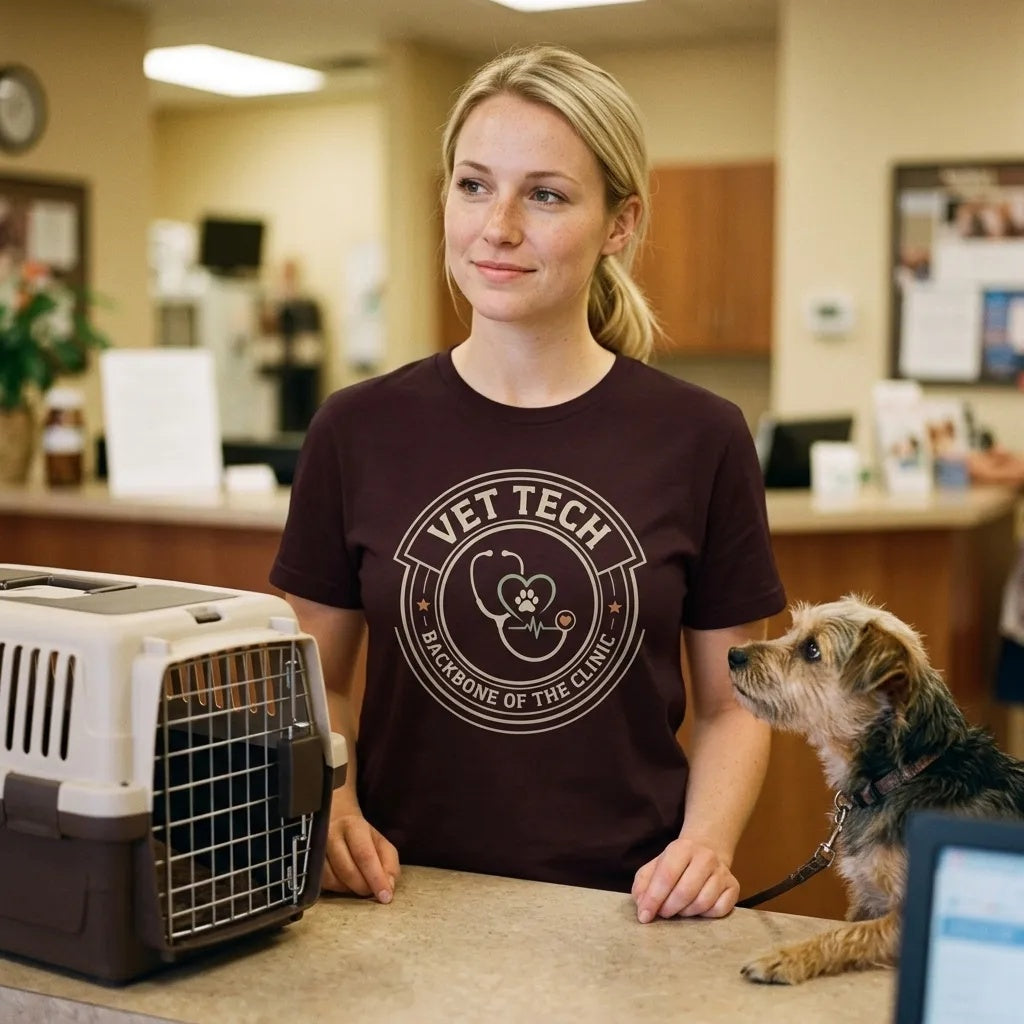 Vet Tech Crest retro veterinary technician tee — lifestyle