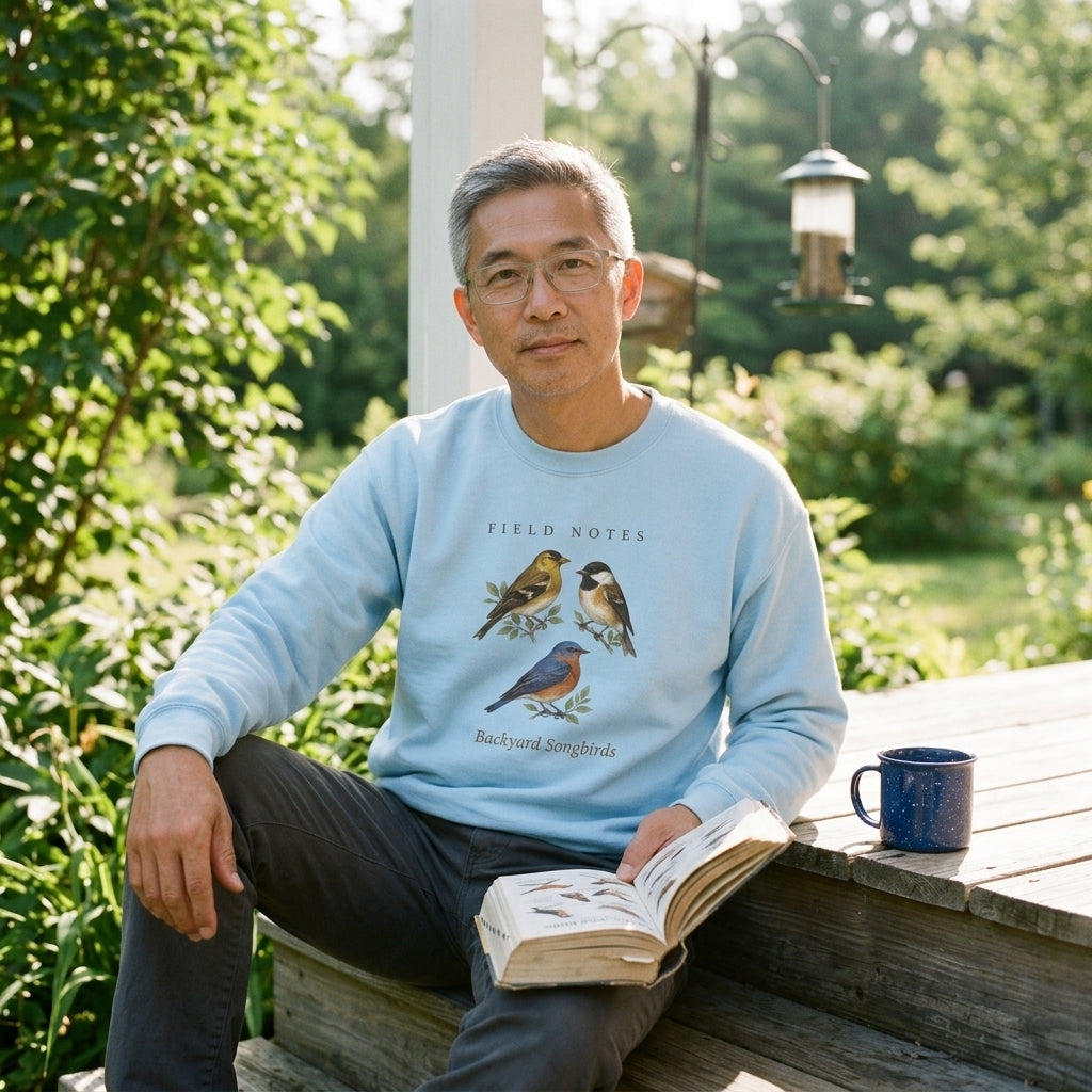 Backyard Songbirds vintage field-guide crewneck sweatshirt — lifestyle