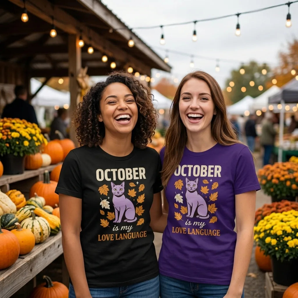 October Is My Love Language retro Halloween black cat tee — two women friends at an autumn farmers' market, Black and Team Purple tees