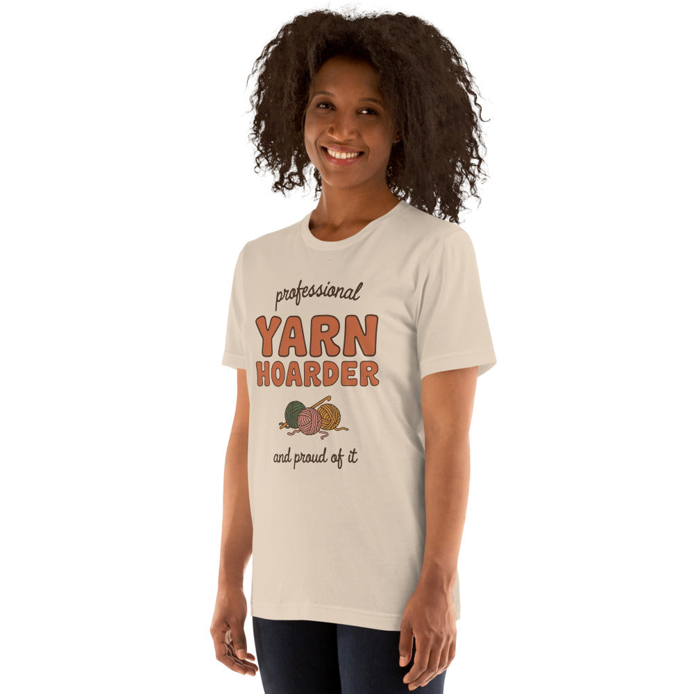 Model wearing the Professional Yarn Hoarder crochet tee — Soft Cream