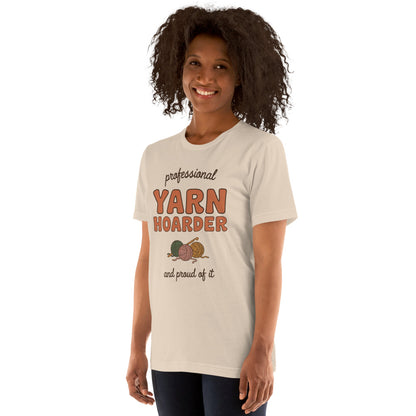 Model wearing the Professional Yarn Hoarder crochet tee — Soft Cream