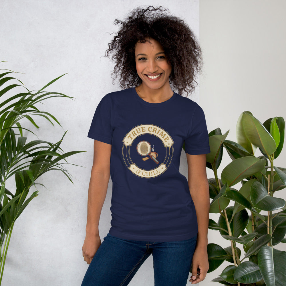 True Crime and Chill vintage case-file badge tee — Navy, on model