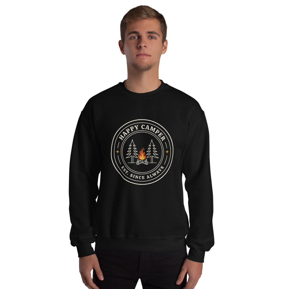 Happy Camper retro camp badge crewneck sweatshirt — Black, on model