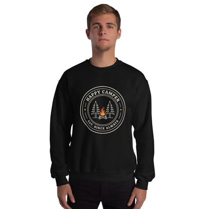 Happy Camper retro camp badge crewneck sweatshirt — Black, on model