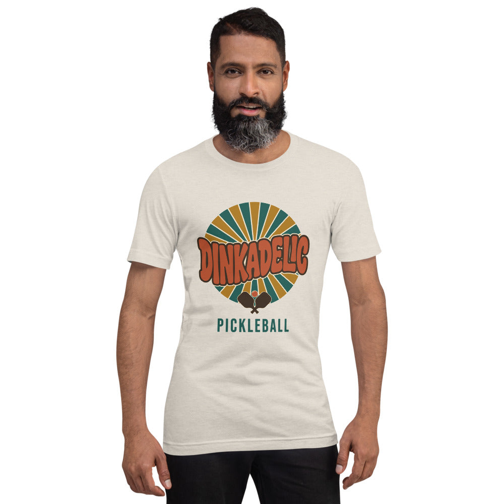 Dinkadelic retro 70s pickleball tee — Heather Dust, on model