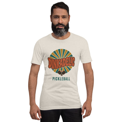 Dinkadelic retro 70s pickleball tee — Heather Dust, on model