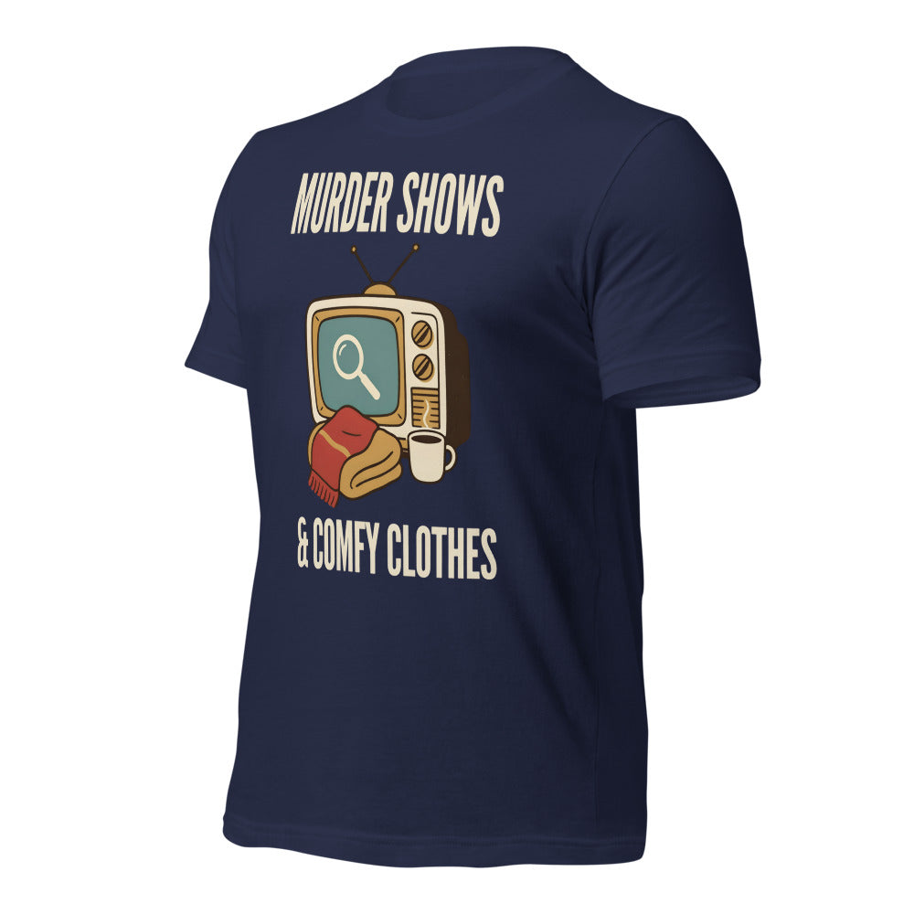 Murder Shows and Comfy Clothes cozy true crime tee — Navy, front-right