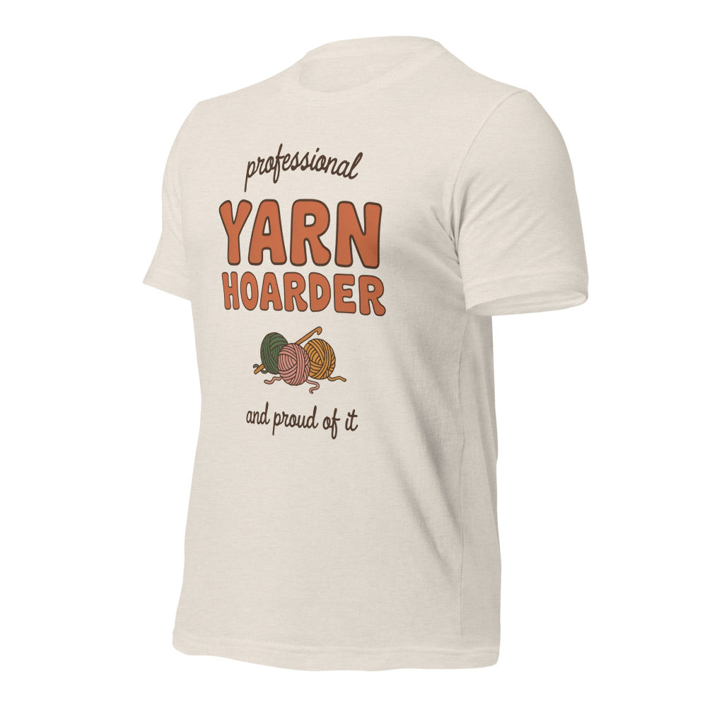 Professional Yarn Hoarder crochet cottagecore tee — Heather Dust, front right