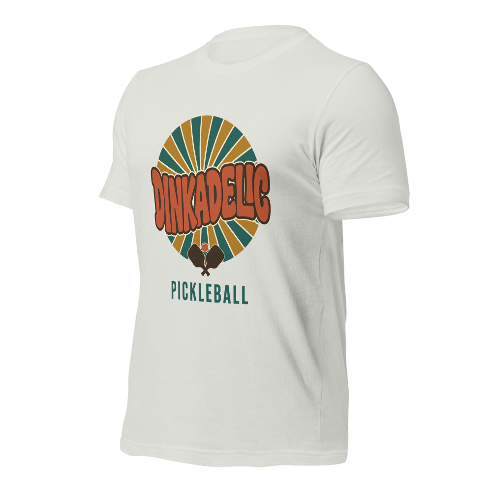 Dinkadelic retro 70s pickleball tee — Silver, front-right angle