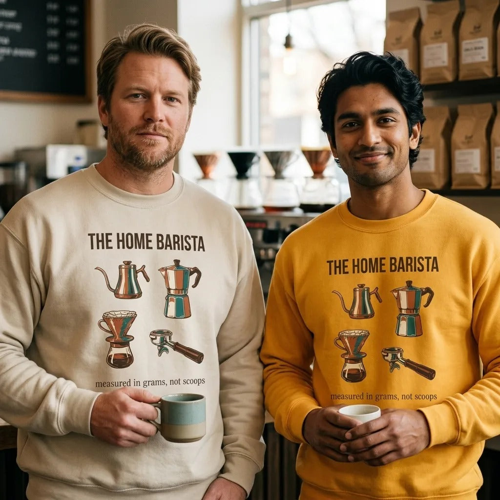 The Home Barista specialty coffee crewneck sweatshirt — lifestyle