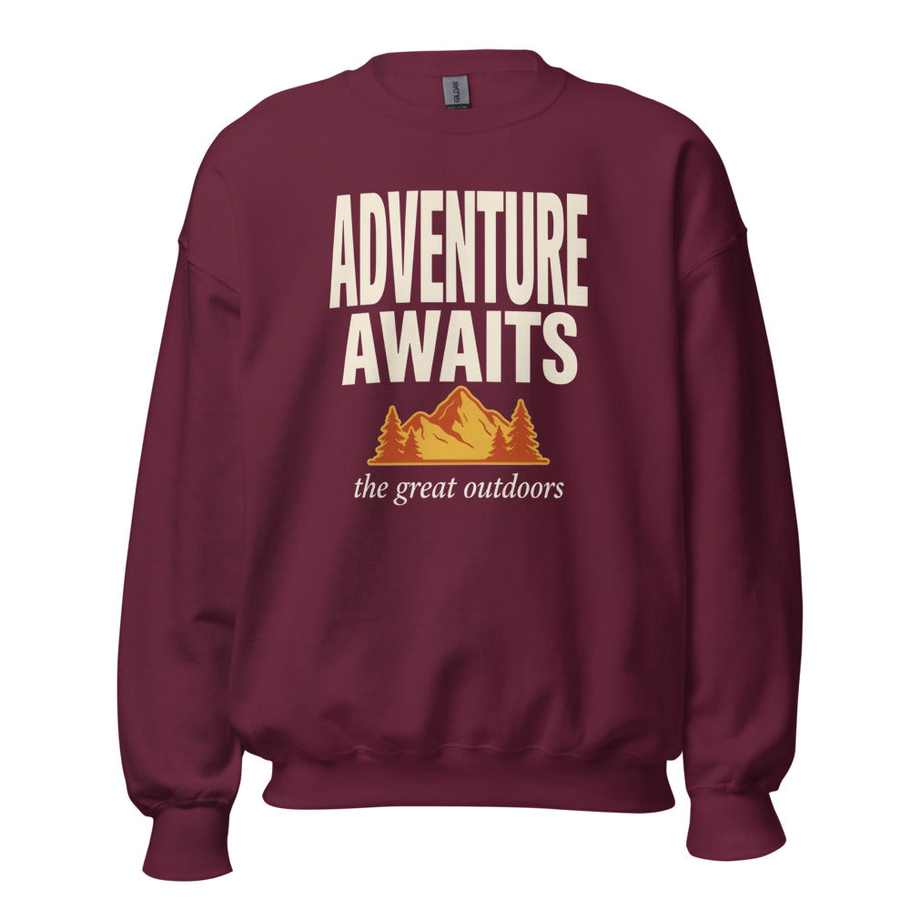 Adventure Awaits retro outdoors typography crewneck sweatshirt — Maroon, front