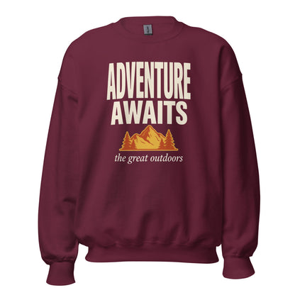 Adventure Awaits retro outdoors typography crewneck sweatshirt — Maroon, front