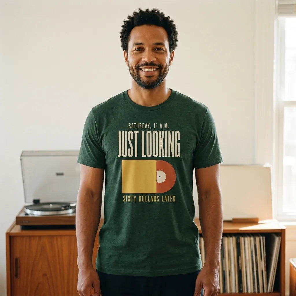 Just Looking Sixty Dollars Later vinyl record tee — lifestyle