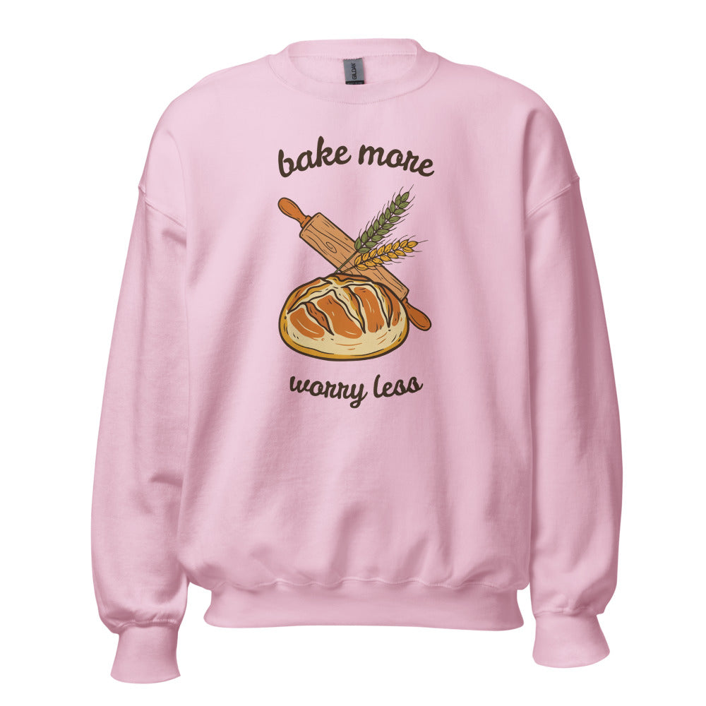 Bake More Worry Less retro kitchen sourdough crewneck sweatshirt — Light Pink, front