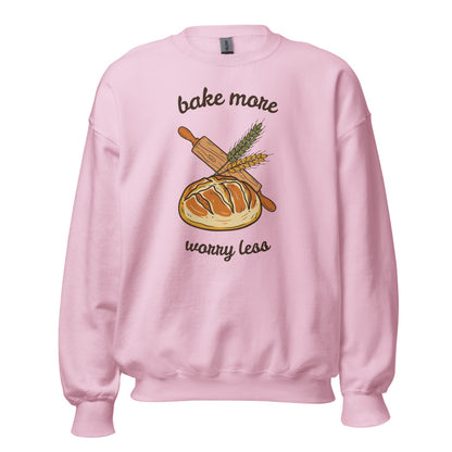 Bake More Worry Less retro kitchen sourdough crewneck sweatshirt — Light Pink, front