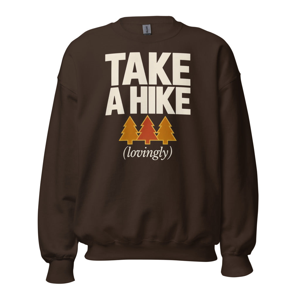 Take a Hike retro outdoors humor typography crewneck sweatshirt — Dark Chocolate, front