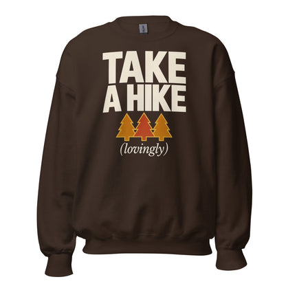 Take a Hike retro outdoors humor typography crewneck sweatshirt — Dark Chocolate, front