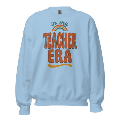 In My Teacher Era retro groovy teacher crewneck sweatshirt — Light Blue, front