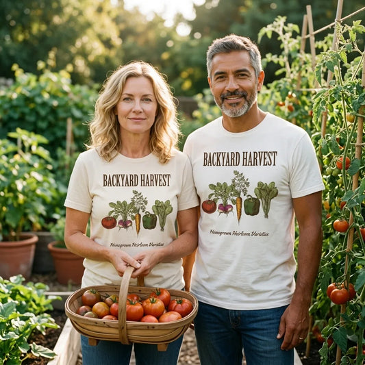 Backyard Harvest heirloom vegetable gardening tee — lifestyle