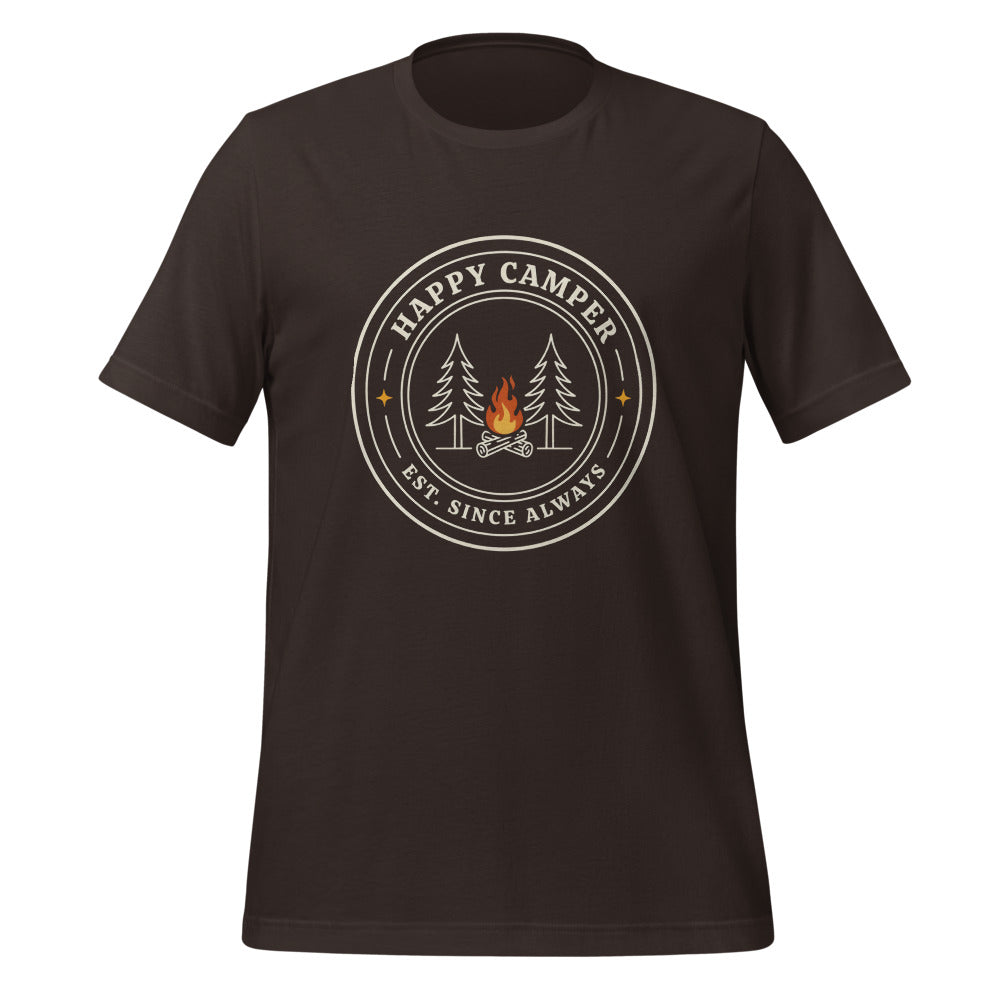 Happy Camper retro camp badge tee — Brown, front