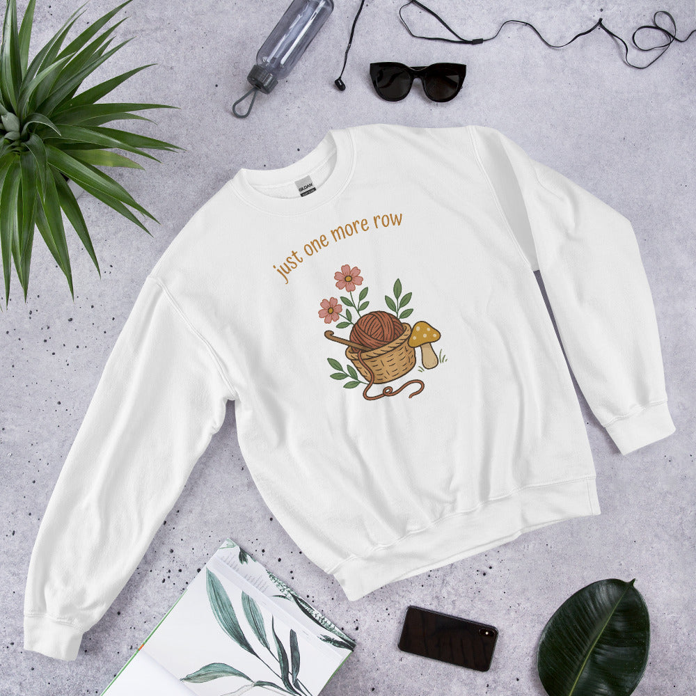 Just One More Row crochet cottagecore crewneck sweatshirt — White, front angled